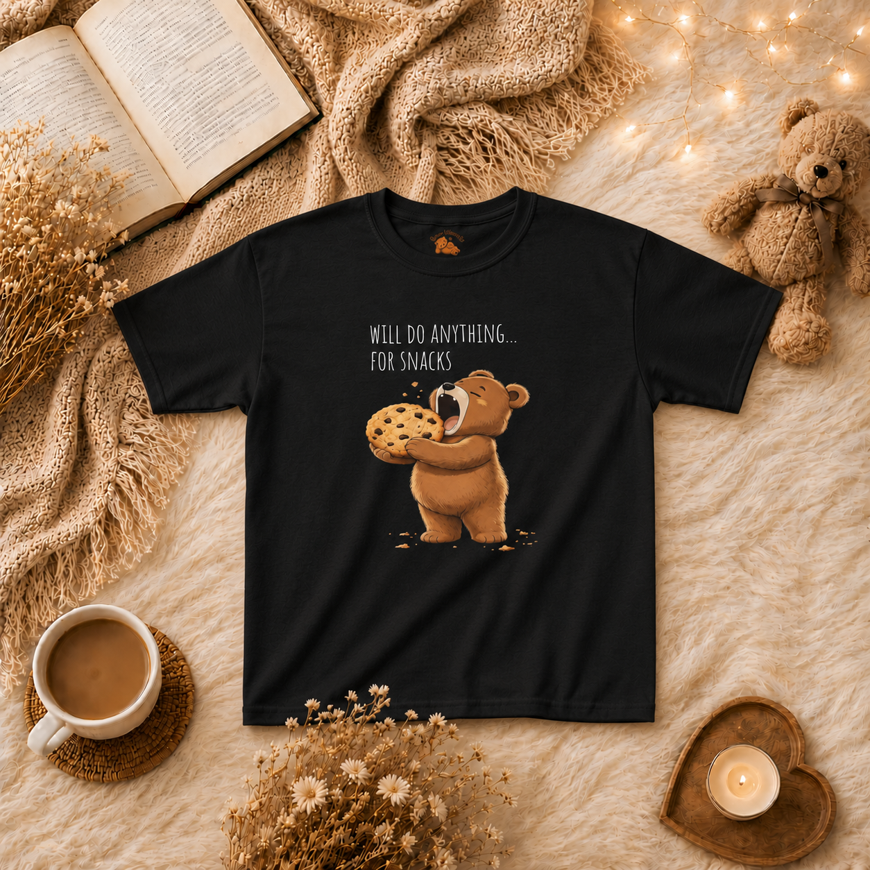 Will Do Anything for Snacks Kids T-Shirt |  Bear Graphic Tee | Youth XS-XL | Ages 4-14