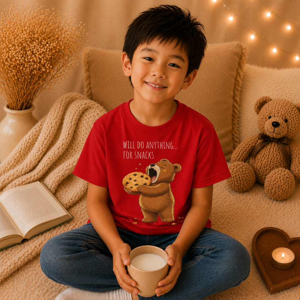 Will Do Anything for Snacks Kids T-Shirt |  Bear Graphic Tee | Youth XS-XL | Ages 4-14
