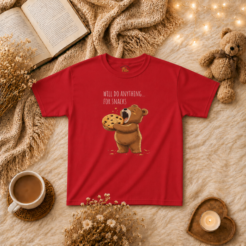 Will Do Anything for Snacks Kids T-Shirt |  Bear Graphic Tee | Youth XS-XL | Ages 4-14