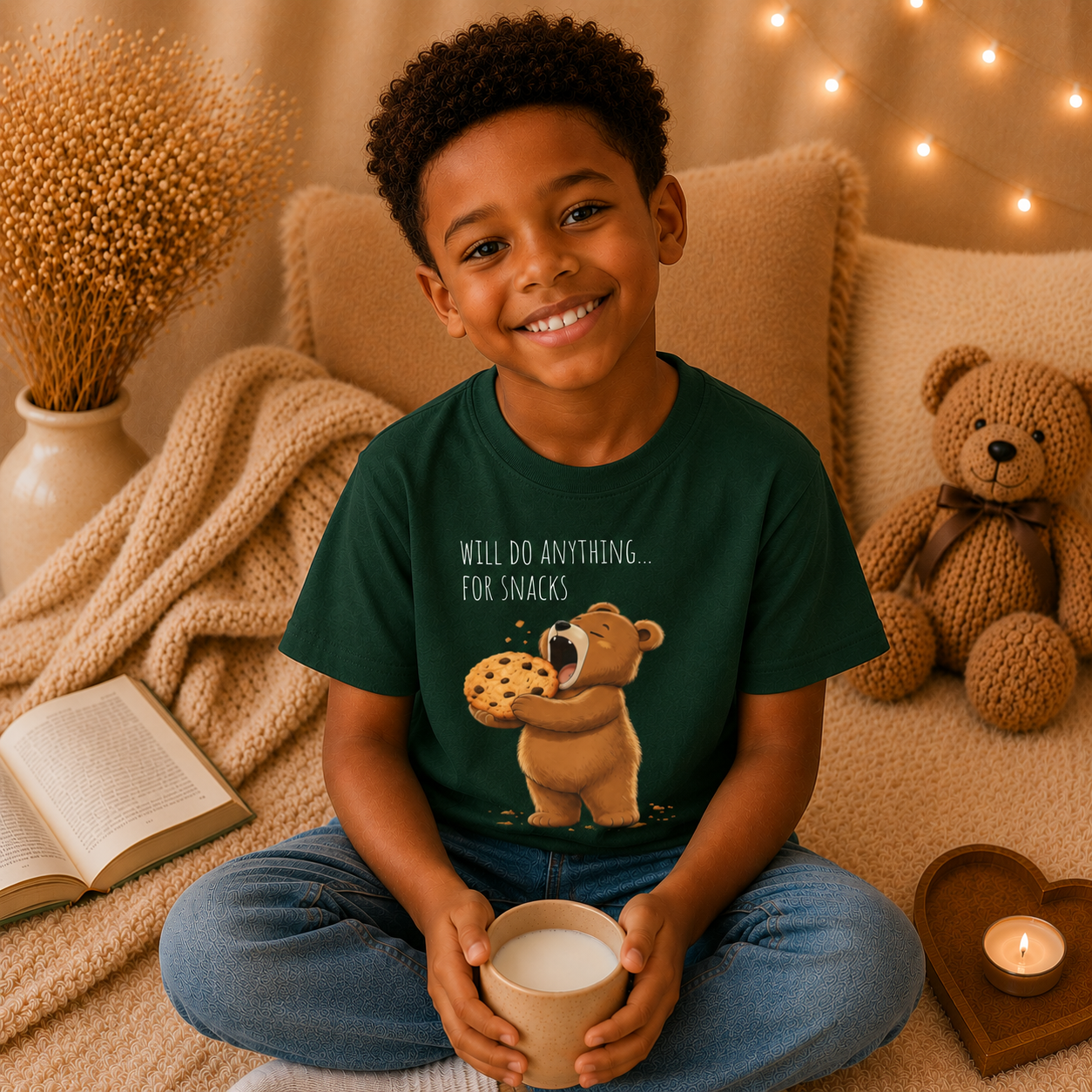 Will Do Anything for Snacks Kids T-Shirt |  Bear Graphic Tee | Youth XS-XL | Ages 4-14