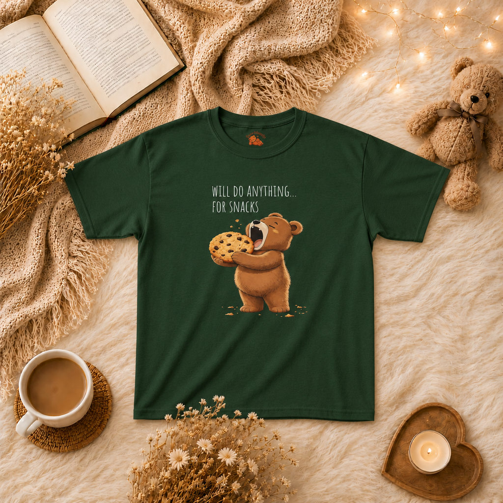Will Do Anything for Snacks Kids T-Shirt |  Bear Graphic Tee | Youth XS-XL | Ages 4-14