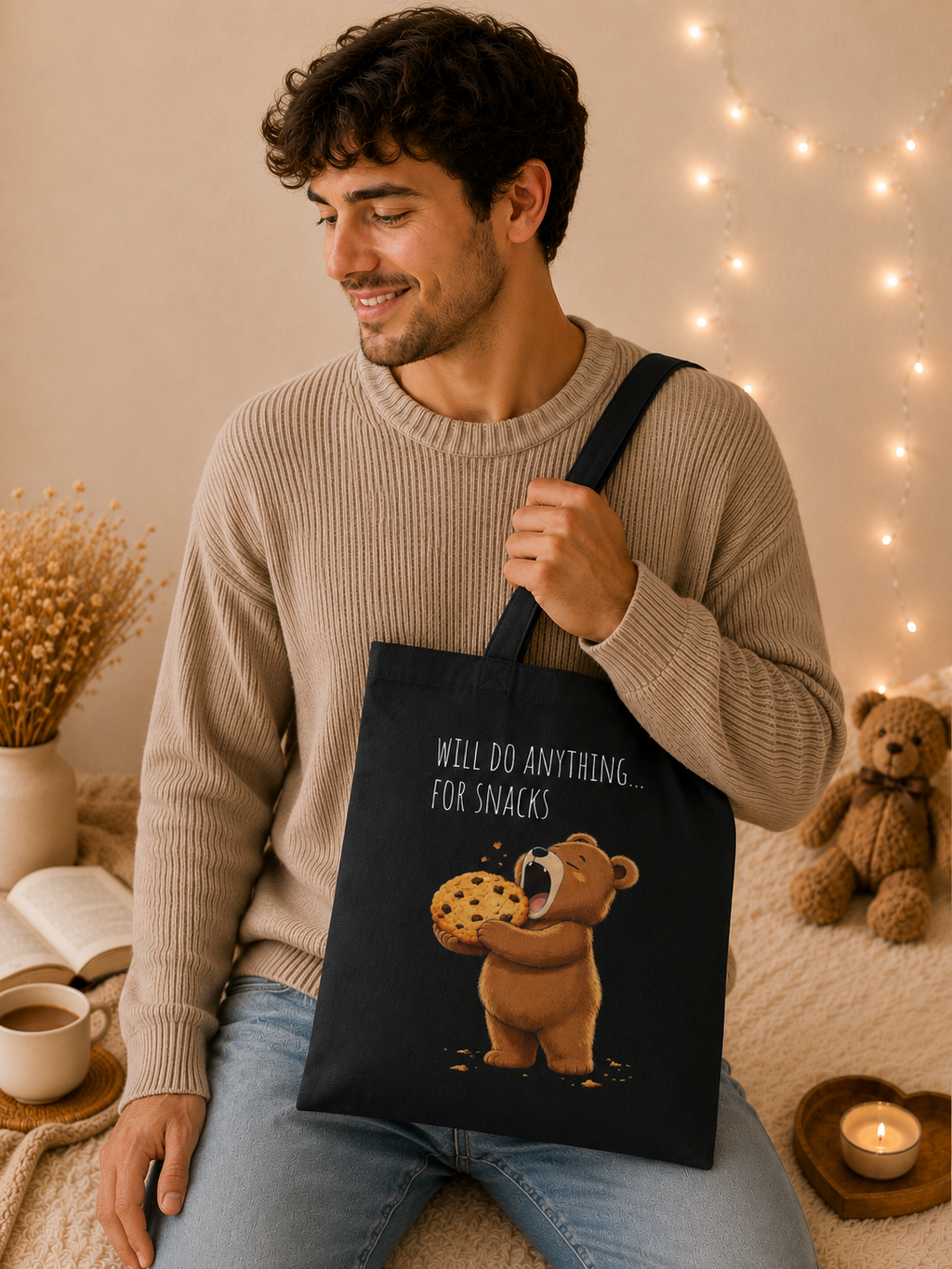 Will Do Anything for Snacks Bear Canvas Tote Bag| Funny Teddy Bear Reusable Shopping Bag | Bear Lover Gift |Reusable Shoulder Bag
