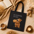 Will Do Anything for Snacks Bear Canvas Tote Bag| Funny Teddy Bear Reusable Shopping Bag | Bear Lover Gift |Reusable Shoulder Bag