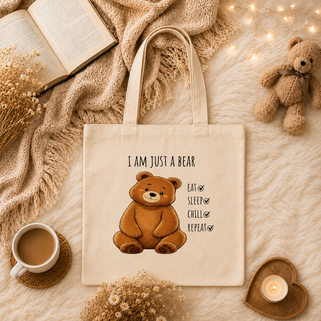 Eat Sleep Chill Repeat Bear Canvas Tote Bag| Funny Teddy Bear Reusable Shopping Bag | Bear Lover Gift |Reusable Shoulder Bag