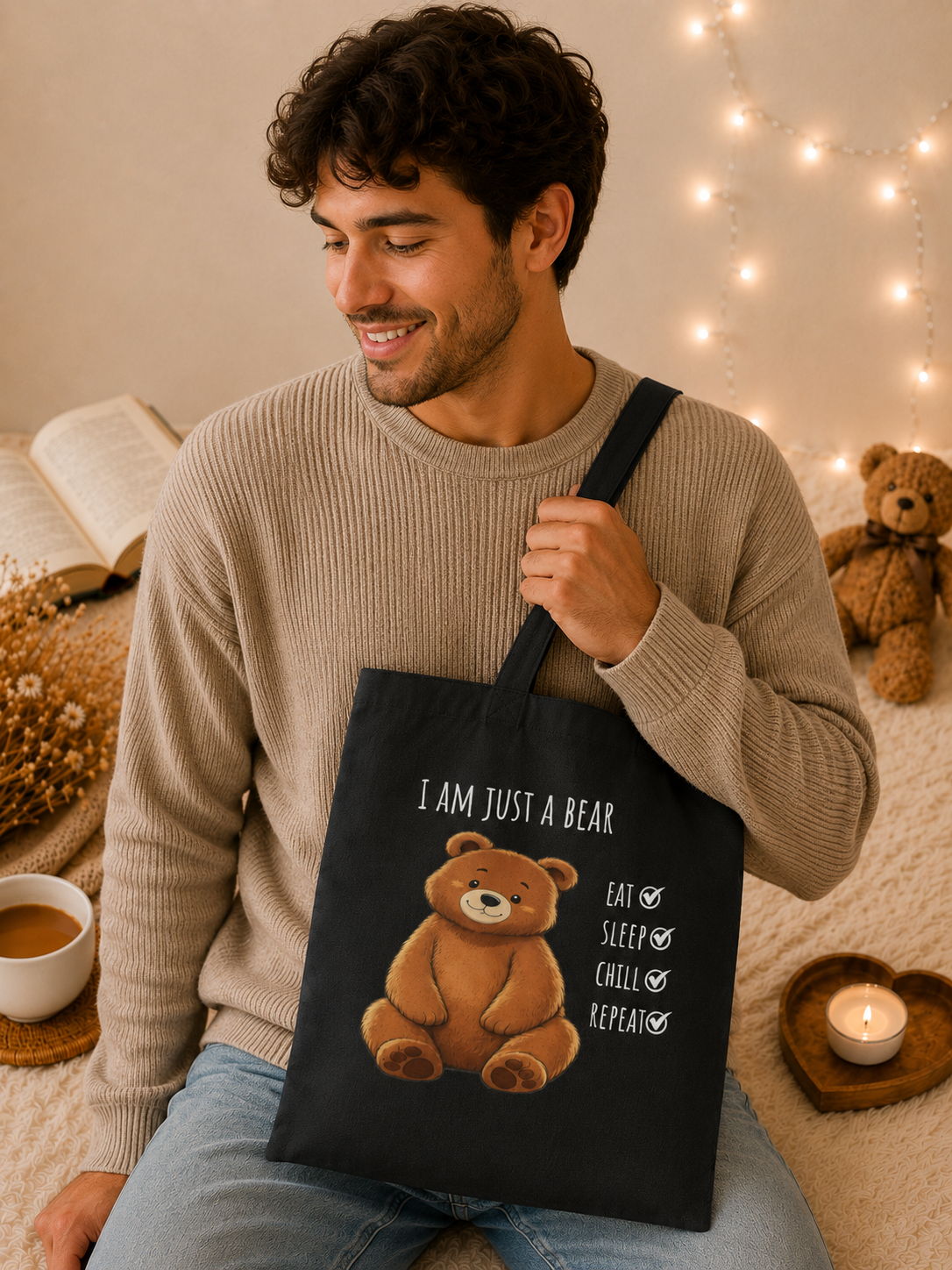 Eat Sleep Chill Repeat Bear Canvas Tote Bag| Funny Teddy Bear Reusable Shopping Bag | Bear Lover Gift |Reusable Shoulder Bag