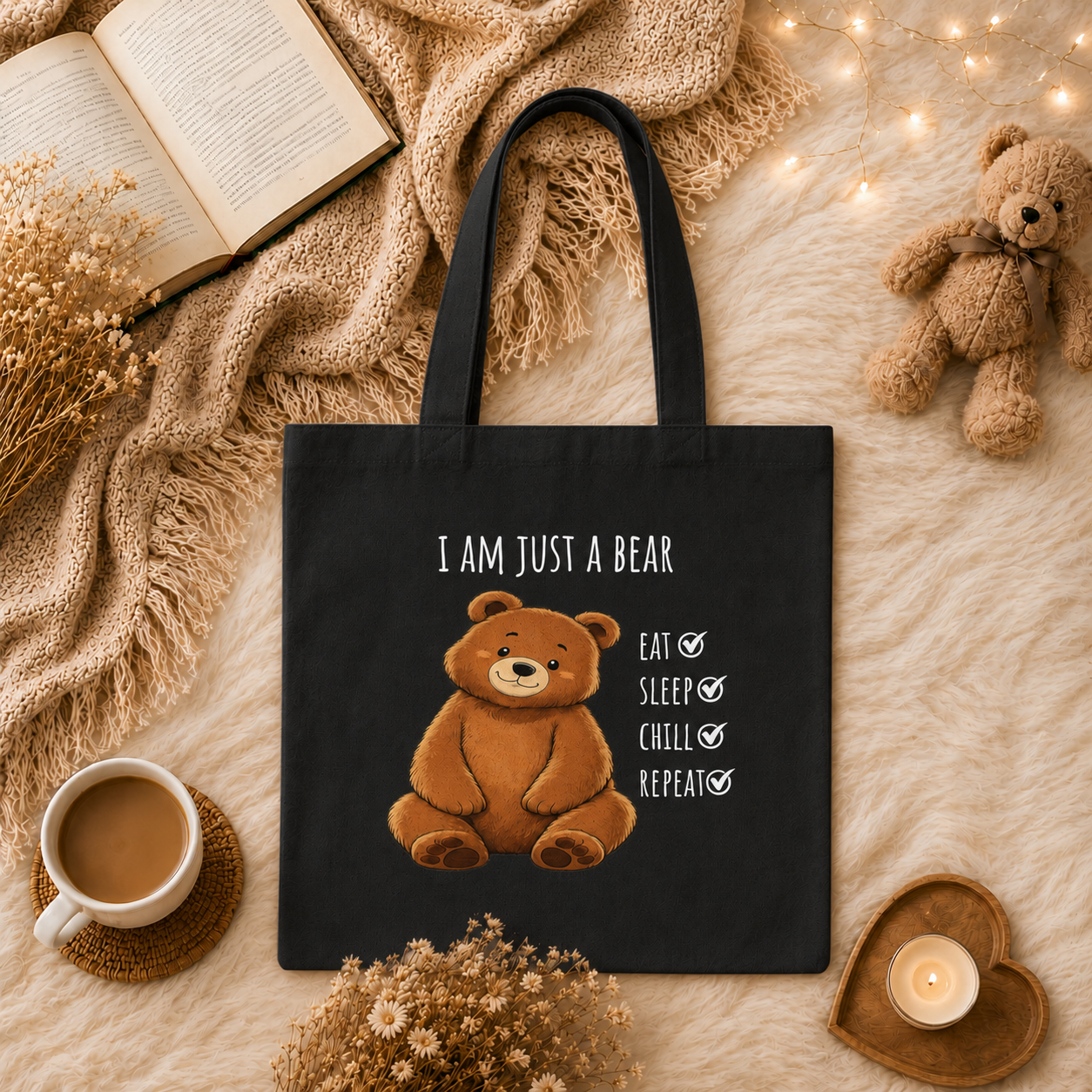 Eat Sleep Chill Repeat Bear Canvas Tote Bag| Funny Teddy Bear Reusable Shopping Bag | Bear Lover Gift |Reusable Shoulder Bag