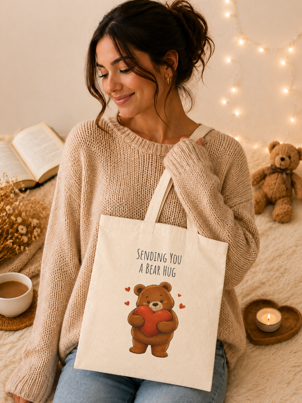 Sending You a Bear Hug Tote Bag| Cute Teddy Bear Reusable Shopping Bag | Bear Lover Gift |Reusable Shoulder Bag