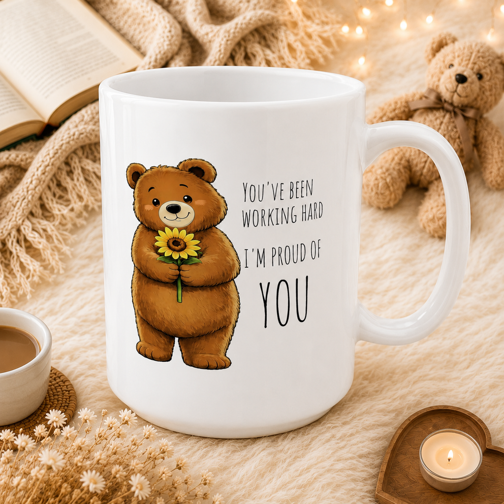 Cute Bear Sunflower Mug | I'm Proud of You Coffee Mug | Encouragement Gift | Positive Affirmation Ceramic Mug 11oz,15oz