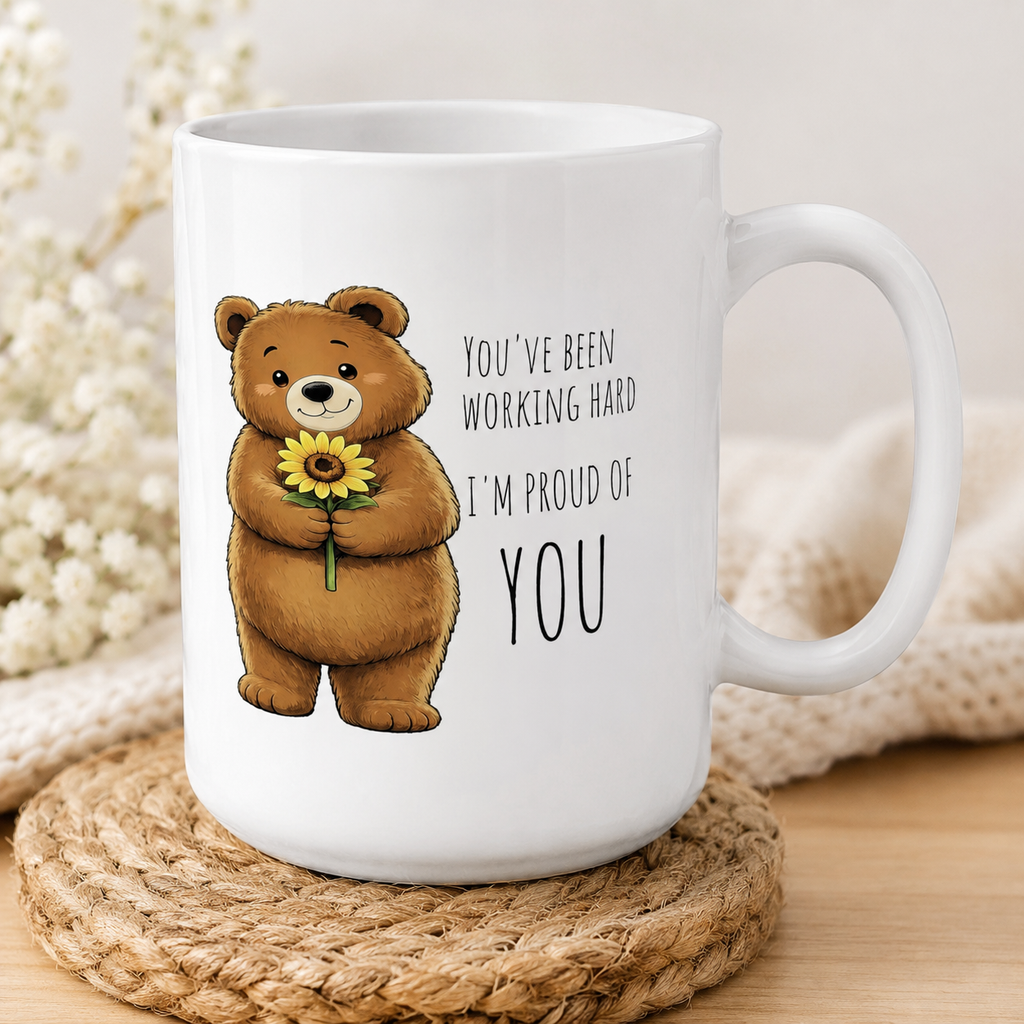 Cute Bear Sunflower Mug | I'm Proud of You Coffee Mug | Encouragement Gift | Positive Affirmation Ceramic Mug 11oz,15oz