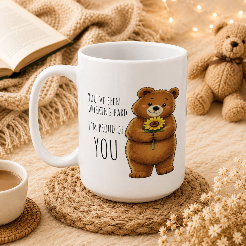 Cute Bear Sunflower Mug | I'm Proud of You Coffee Mug | Encouragement Gift | Positive Affirmation Ceramic Mug 11oz,15oz