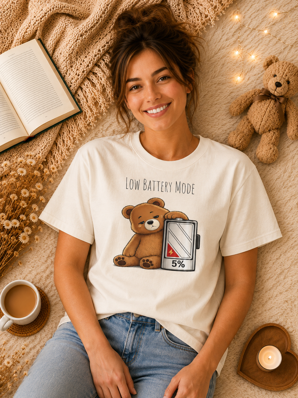 Low Battery Mode Cute Bear T-Shirt I Cute Bear Tee I Heart Warming Graphic Tee, Bear Lover Gift, Cozy Animal Lover T Shirt