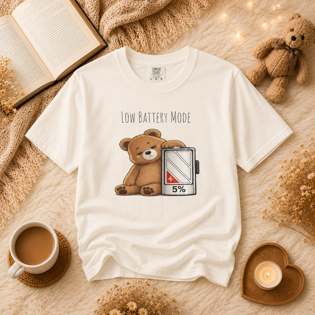 Low Battery Mode Cute Bear T-Shirt I Cute Bear Tee I Heart Warming Graphic Tee, Bear Lover Gift, Cozy Animal Lover T Shirt