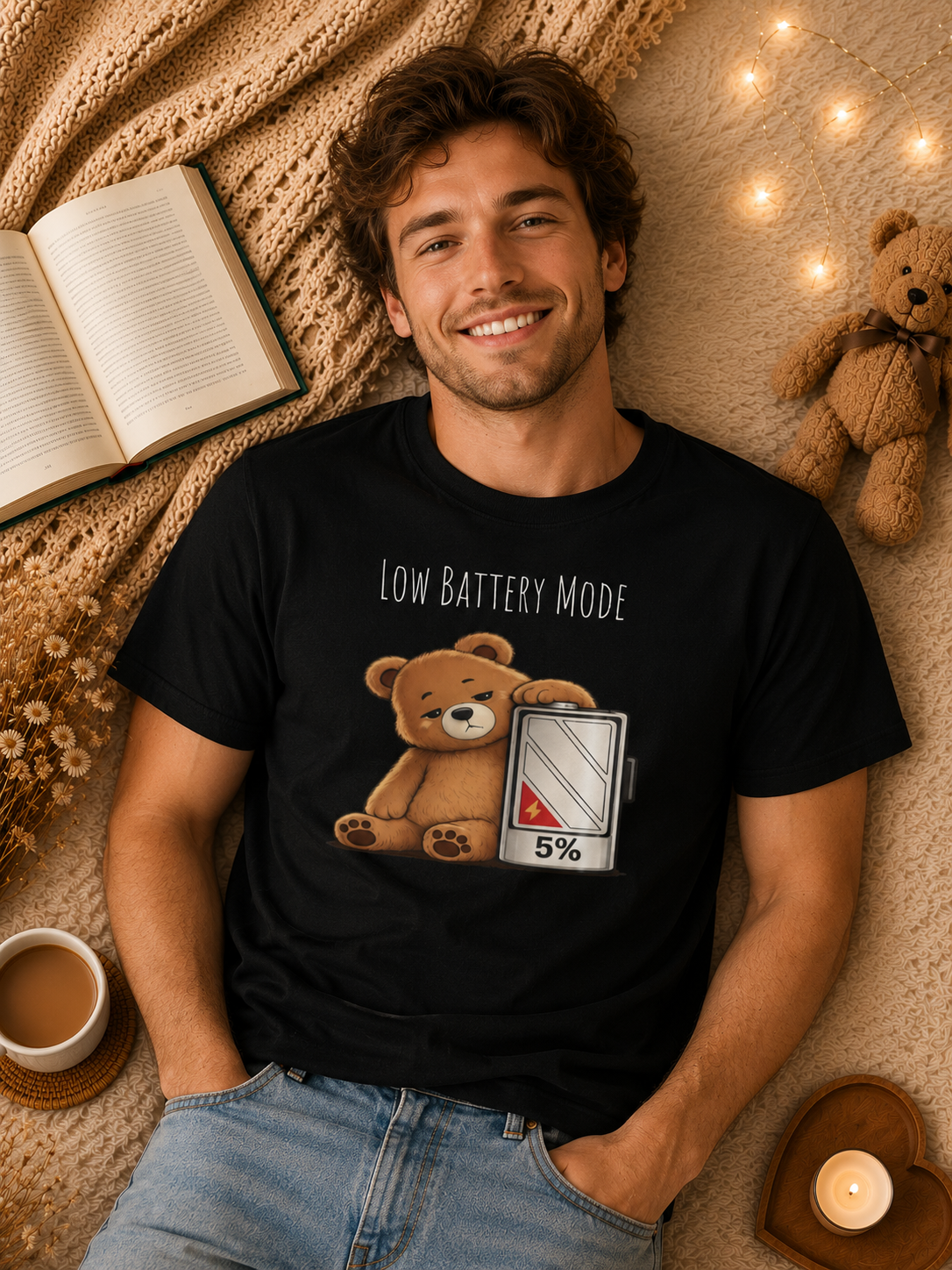 Low Battery Mode Cute Bear T-Shirt I Cute Bear Tee I Heart Warming Graphic Tee, Bear Lover Gift, Cozy Animal Lover T Shirt