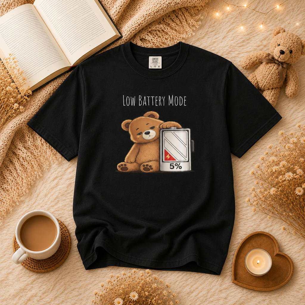 Low Battery Mode Cute Bear T-Shirt I Cute Bear Tee I Heart Warming Graphic Tee, Bear Lover Gift, Cozy Animal Lover T Shirt