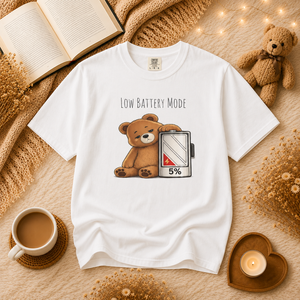 Low Battery Mode Cute Bear T-Shirt I Cute Bear Tee I Heart Warming Graphic Tee, Bear Lover Gift, Cozy Animal Lover T Shirt
