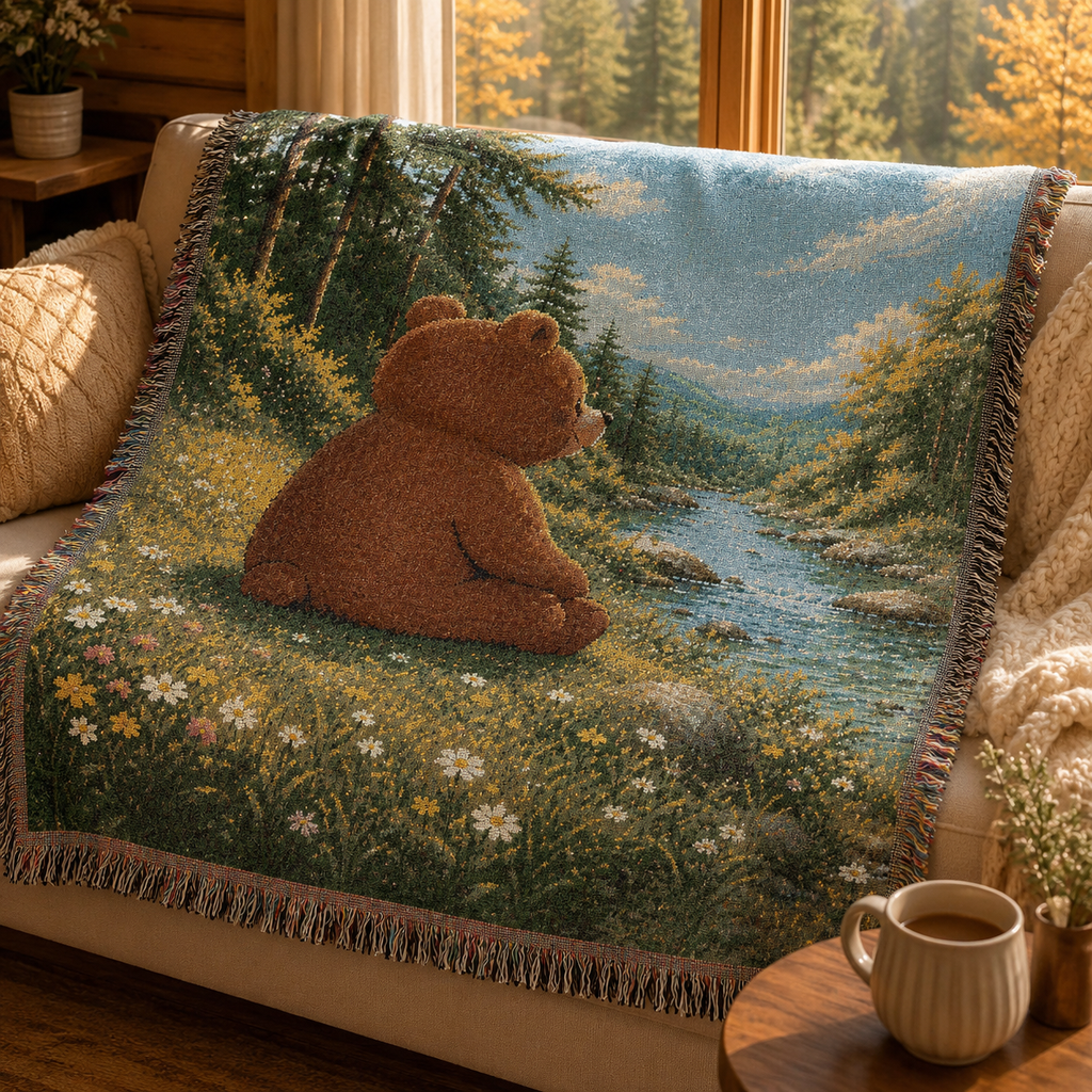 Cozy Bear Woven Blanket, Scenic Bear Tapestry Blanket, Nature River Throw, Rustic Cabin Decor, Woodland Bear Gift, Cozy Home Blanket