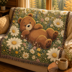 Cute Bear Wildflower Woven Blanket, Scenic Bear Tapestry Blanket, Rustic Cabin Decor, Woodland Bear Gift, Cozy Home Blanket
