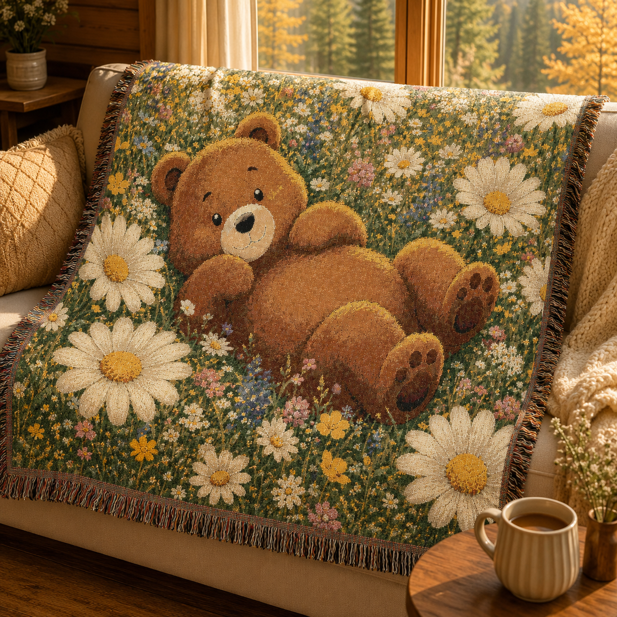 Cute Bear Wildflower Woven Blanket, Scenic Bear Tapestry Blanket, Rustic Cabin Decor, Woodland Bear Gift, Cozy Home Blanket