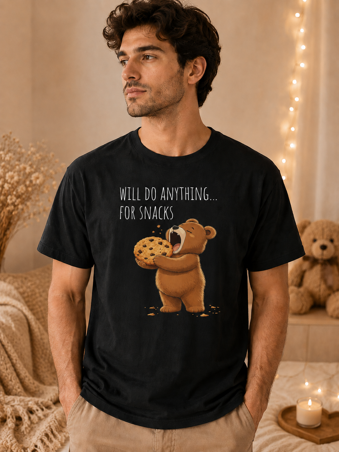 Will Do Anything for Snacks Bear Shirt | Funny Foodie T-Shirt | Cute Bear Graphic Tee | Gift for Snack Lovers