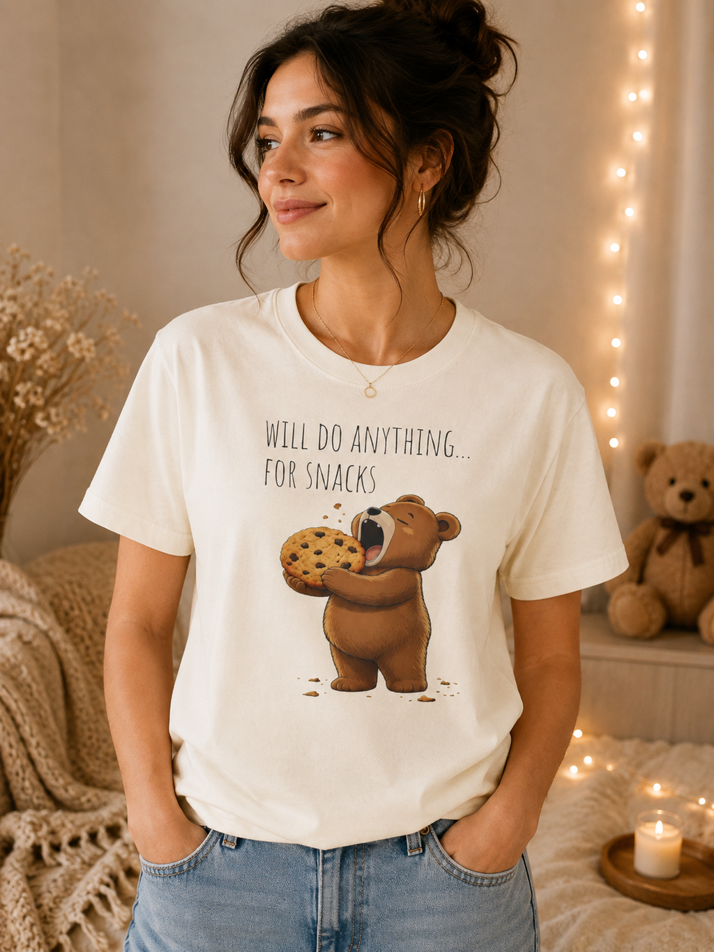 Will Do Anything for Snacks Bear Shirt | Funny Foodie T-Shirt | Cute Bear Graphic Tee | Gift for Snack Lovers