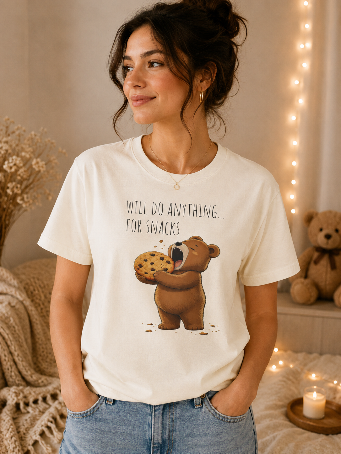 Will Do Anything for Snacks Bear Shirt | Funny Foodie T-Shirt | Cute Bear Graphic Tee | Gift for Snack Lovers