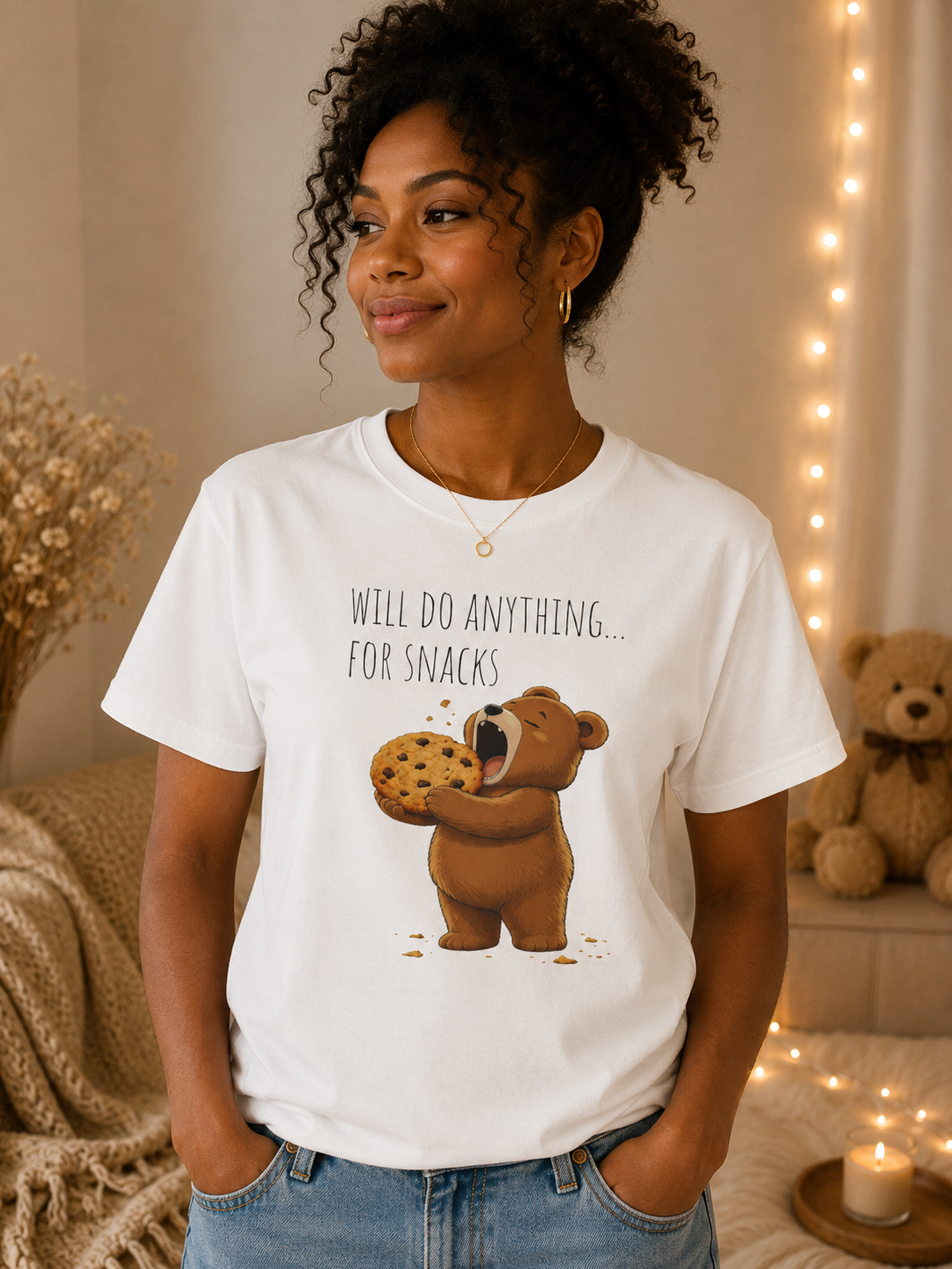 Will Do Anything for Snacks Bear Shirt | Funny Foodie T-Shirt | Cute Bear Graphic Tee | Gift for Snack Lovers