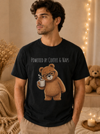 Powered by Coffee & Naps Bear T-Shirt | Cute Cozy Bear Unisex Graphic Tee | Coffee Lover Gift