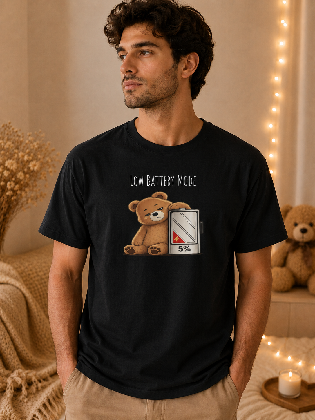 Low Battery Mode Cute Bear T-Shirt I Cute Bear Tee I Heart Warming Graphic Tee, Bear Lover Gift, Cozy Animal Lover T Shirt
