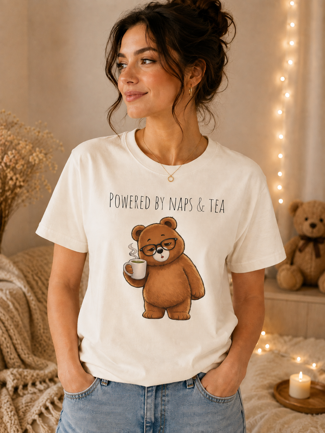 Powered By Naps & Tea Bear Shirt | Cute Tea Lover T-Shirt | Cozy Bear Graphic Tee | Book Lover Gift | Unisex Comfort Colors Tee