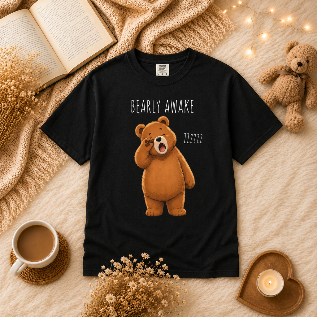 Bearly Awake Bear T-Shirt | Cute Funny Bear Graphic Tee | Unisex Comfort Colors Shirt | Sleepy Bear Gift