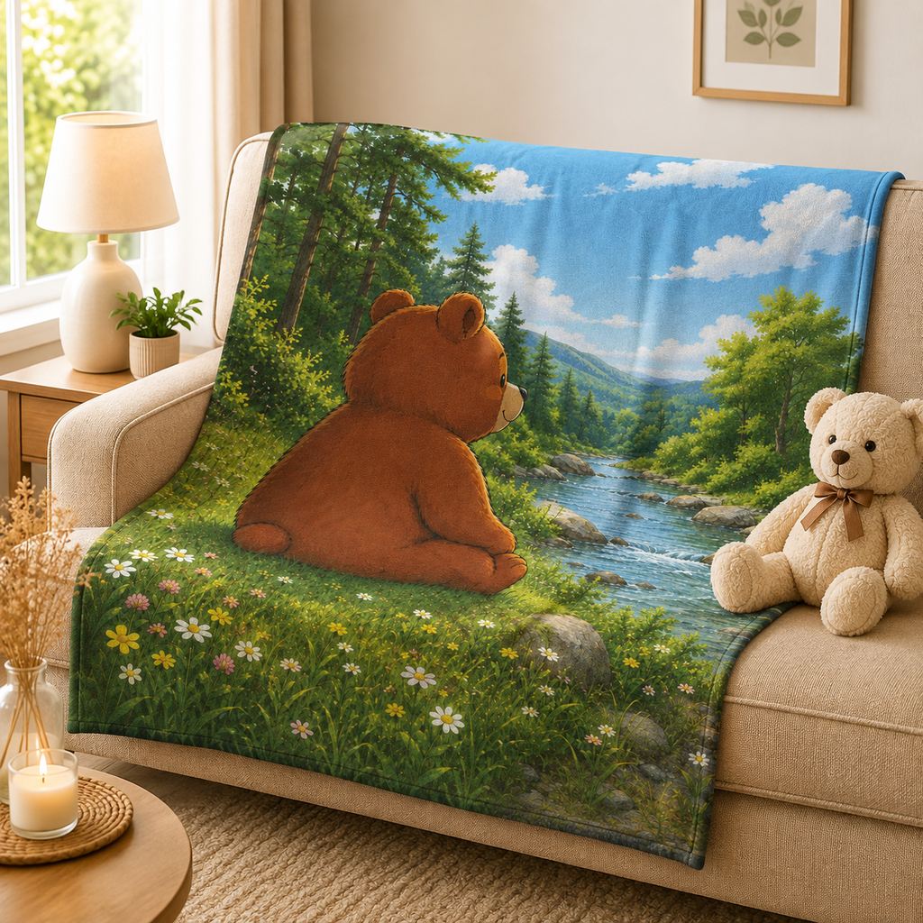 Woodland Nature Blanket Throw, Nature Lover Gift, Cozy Bear Gift, Bear lover Gift