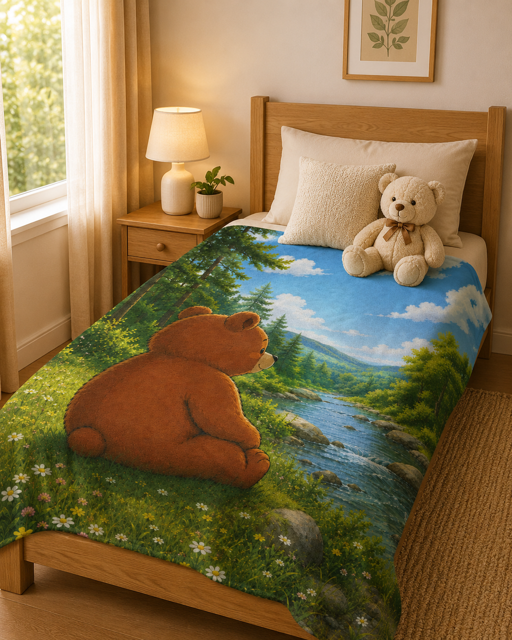 Woodland Nature Blanket Throw, Nature Lover Gift, Cozy Bear Gift, Bear lover Gift