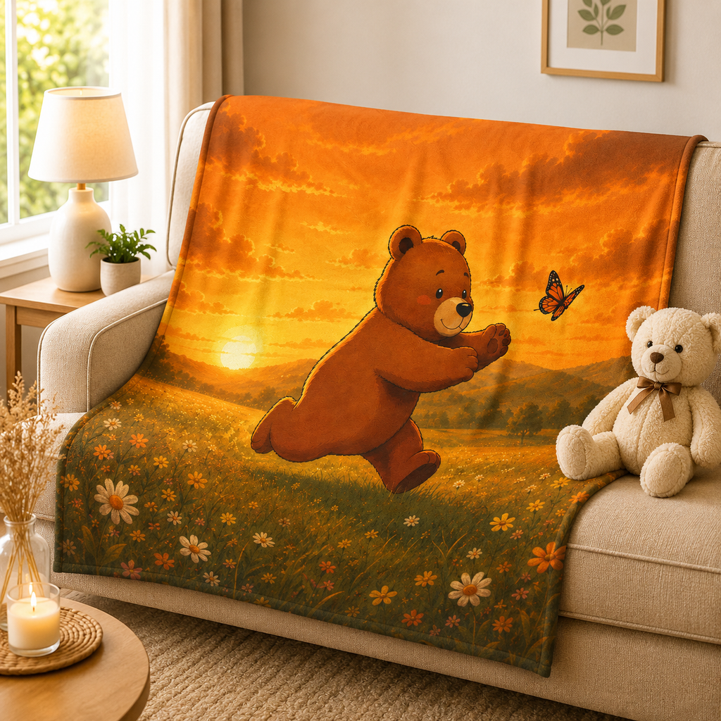 Cute Bear Sunset Meadow Blanket, Cozy Wildflower Throw, Nature Lover Gift