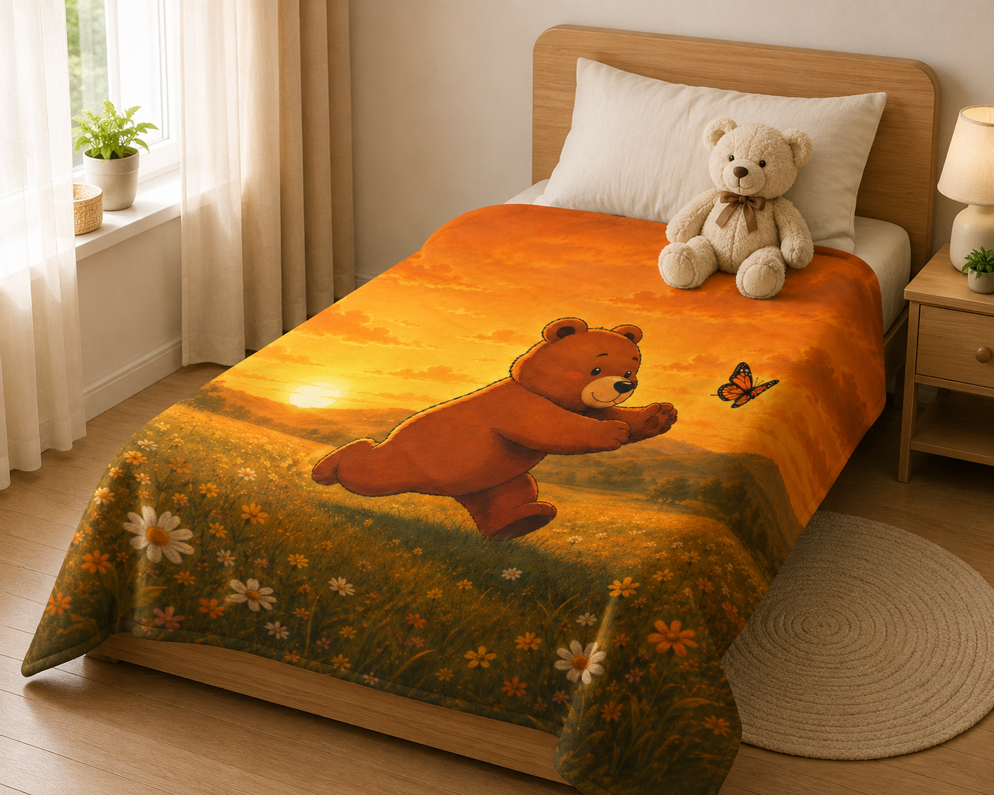 Cute Bear Sunset Meadow Blanket, Cozy Wildflower Throw, Nature Lover Gift