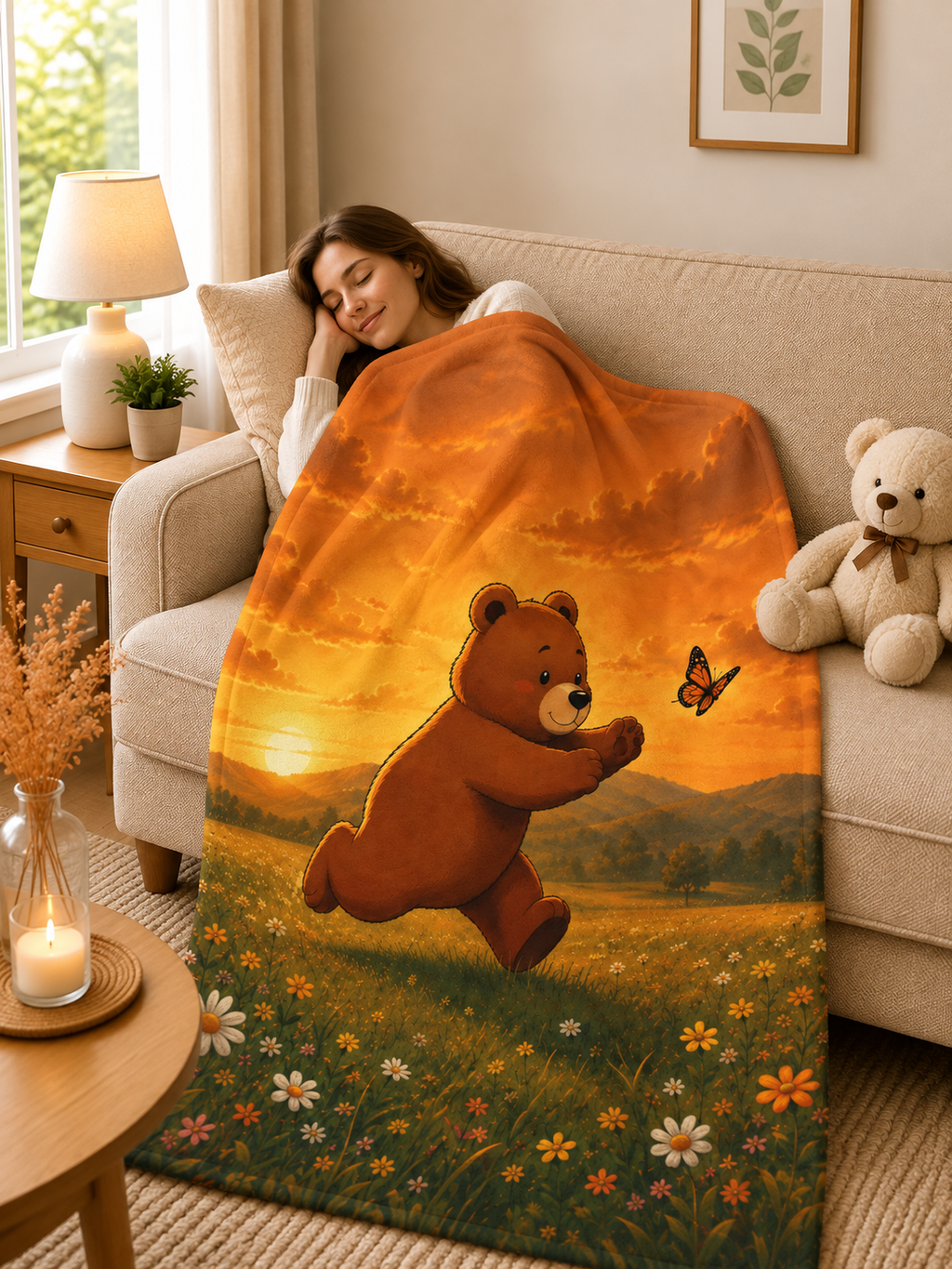 Cute Bear Sunset Meadow Blanket, Cozy Wildflower Throw, Nature Lover Gift