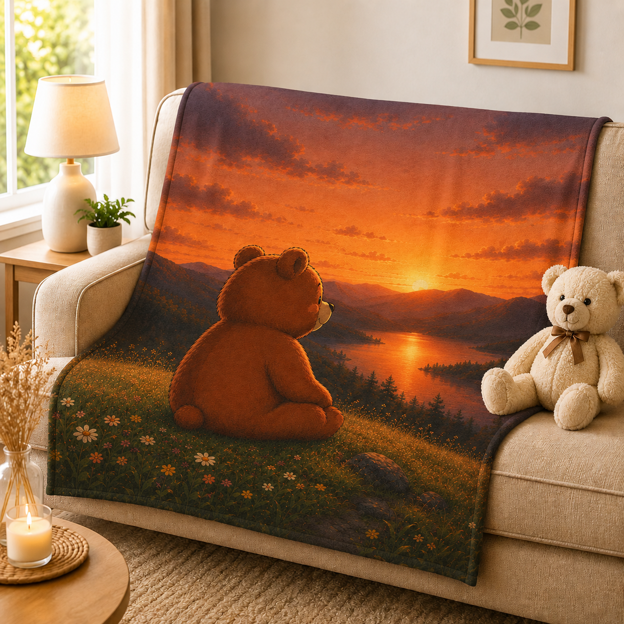 Dreamy Bear Sunset Blanket Throw, Velveteen Plush Blanket, Nature Lover Gift, Cozy Bear Gift, Bear lover Gift