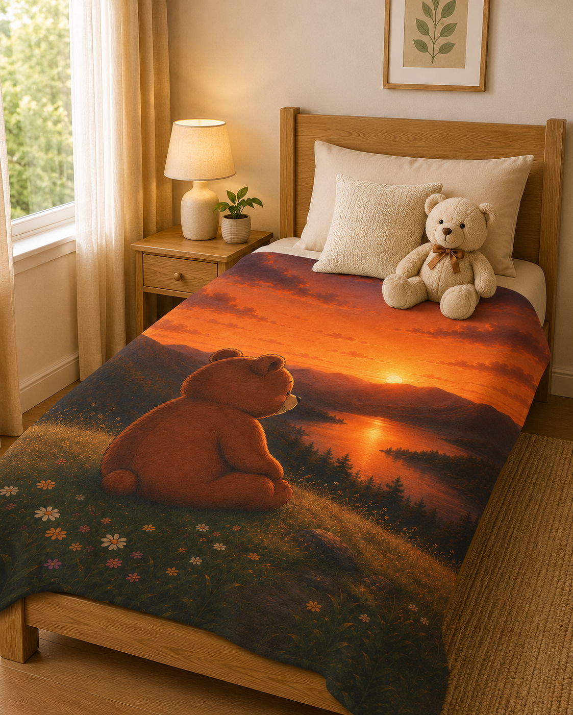 Dreamy Bear Sunset Blanket Throw, Velveteen Plush Blanket, Nature Lover Gift, Cozy Bear Gift, Bear lover Gift