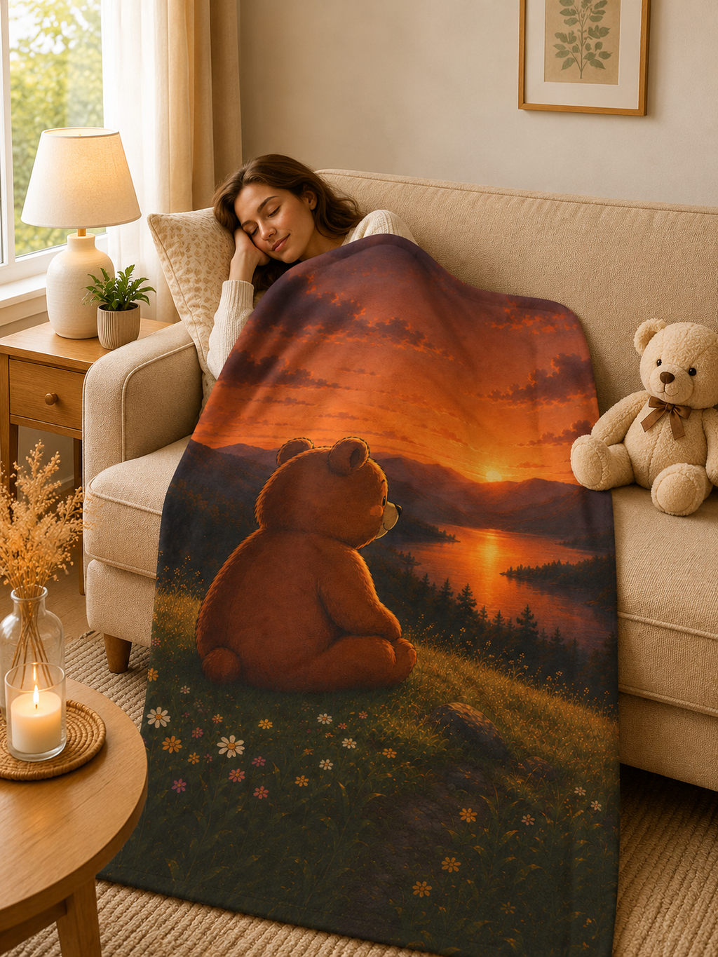 Dreamy Bear Sunset Blanket Throw, Velveteen Plush Blanket, Nature Lover Gift, Cozy Bear Gift, Bear lover Gift