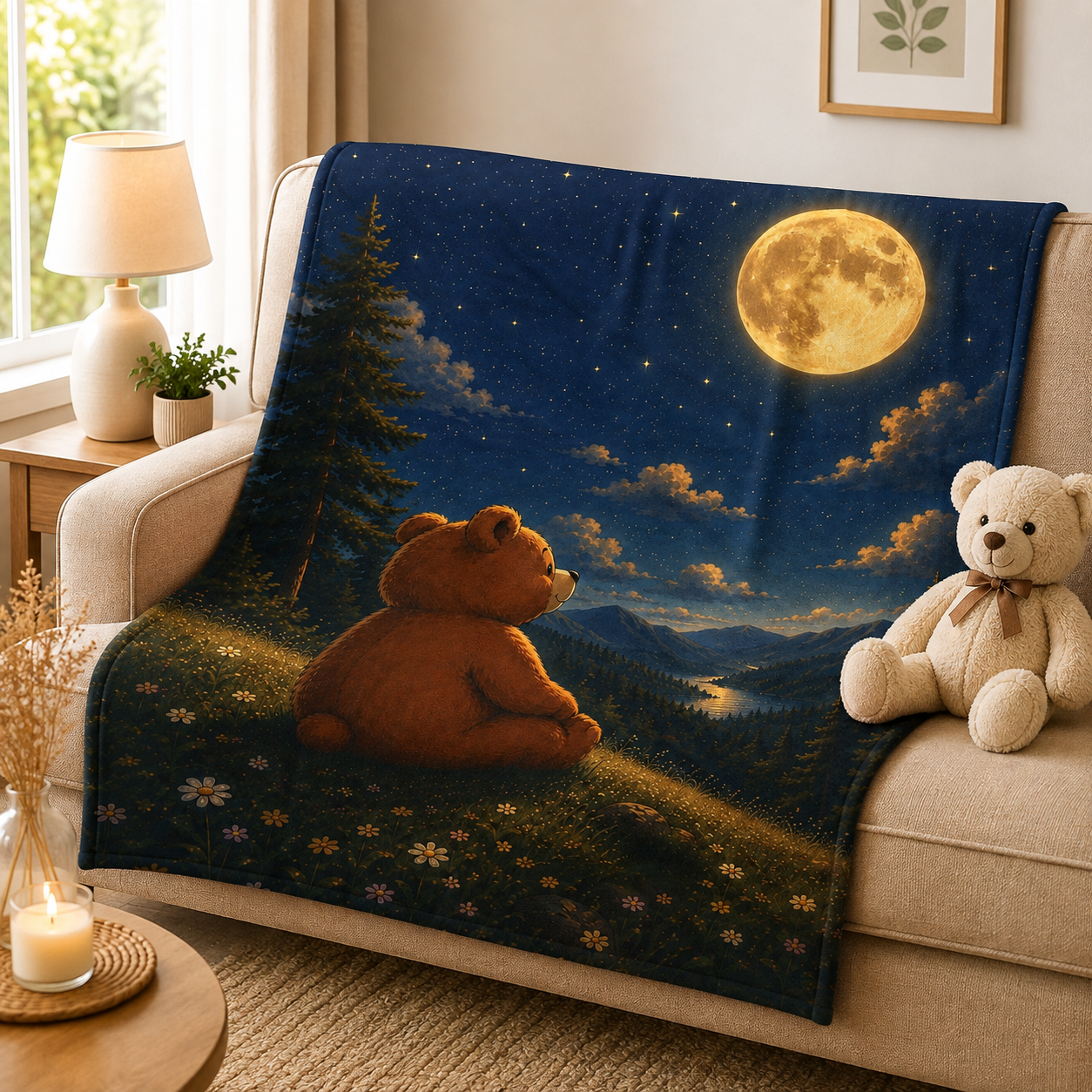 Moonlit Bear Plush Blanket, Velveteen Plush Blanket, Nature Lover Gift, Cozy Bear Gift, Bear lover Gift
