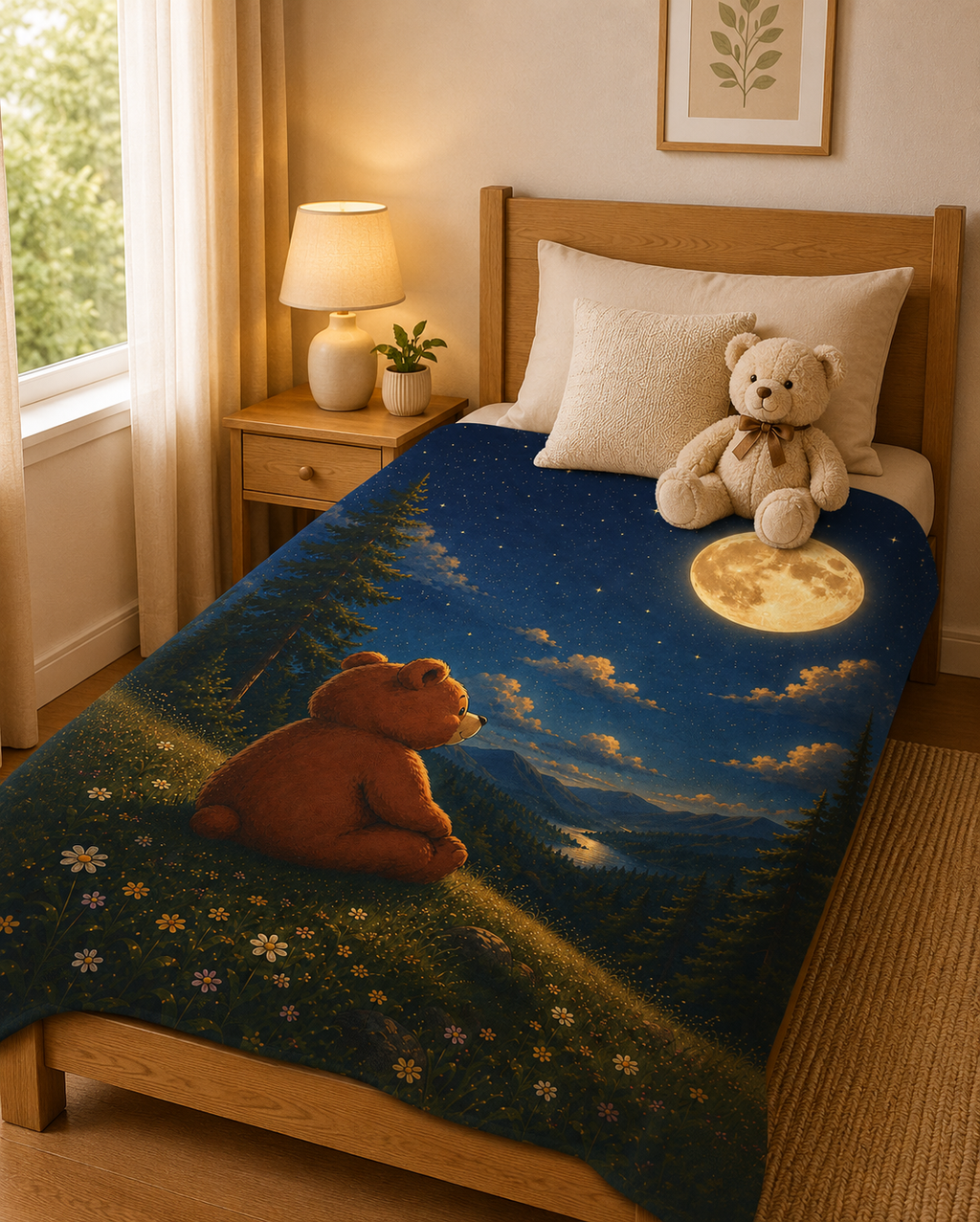 Moonlit Bear Plush Blanket, Velveteen Plush Blanket, Nature Lover Gift, Cozy Bear Gift, Bear lover Gift