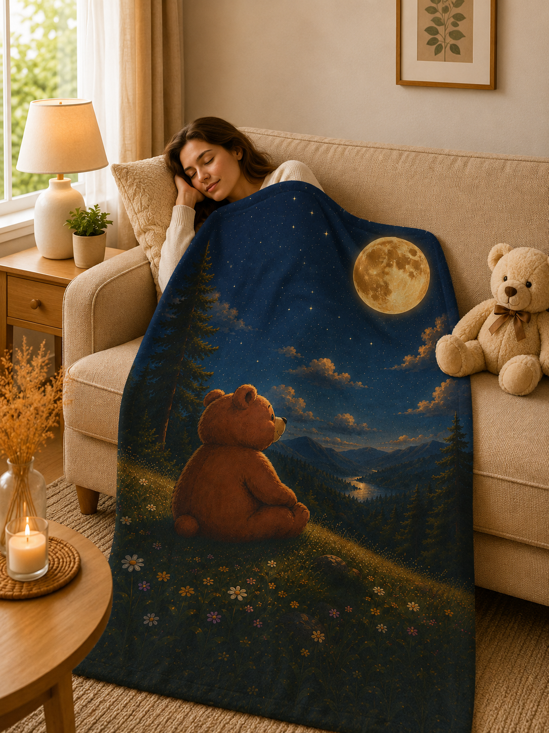 Moonlit Bear Plush Blanket, Velveteen Plush Blanket, Nature Lover Gift, Cozy Bear Gift, Bear lover Gift