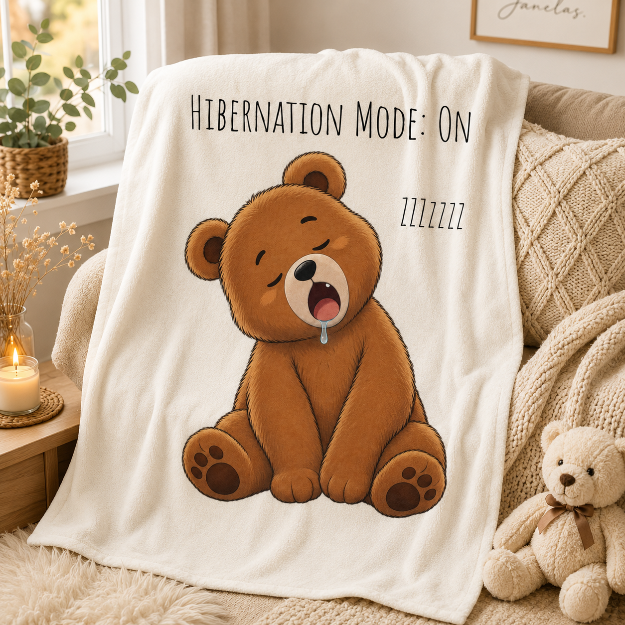 Hibernation Mode On Bear Blanket, Cute Bear Throw Blanket, Cozy Velveteen Plush Blanket, Bear Lover Gift, Funny Animal Blanket