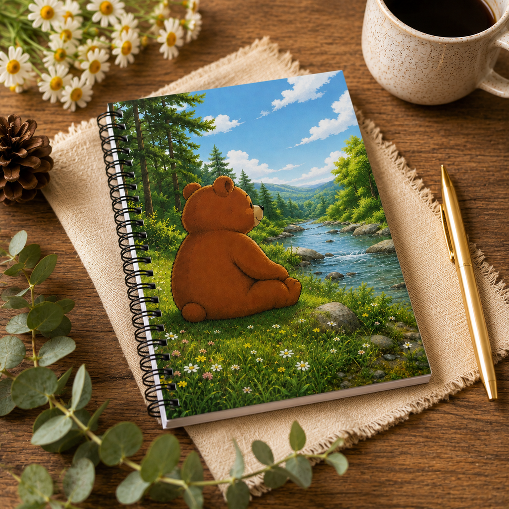 Cute Bear Nature Journal, Woodland Bear Spiral Notebook, Forest River Writing Journal, Notebook Gift
