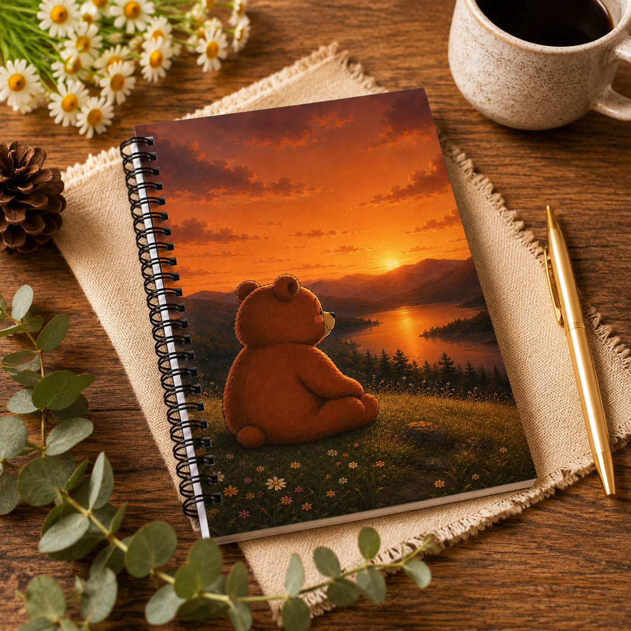 Cute Bear Sunset Notebook, Scenic Mountain Spiral Journal, Woodland Bear Spiral Notebook, Cozy Stationery Gift, Notebook Gift