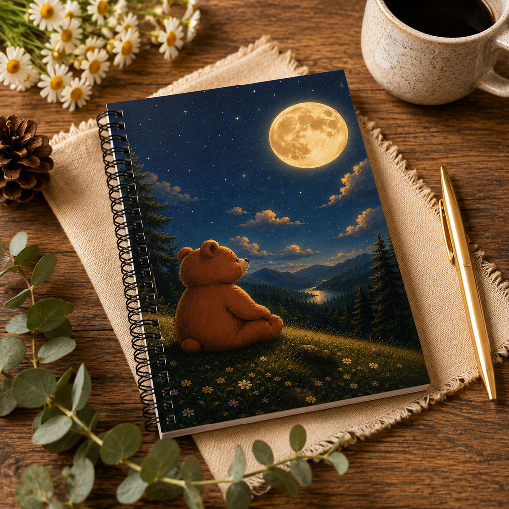 Moonlit Mountain Bear Notebook, Woodland Bear Spiral Notebook, Cozy Stationery Gift, Notebook Gift