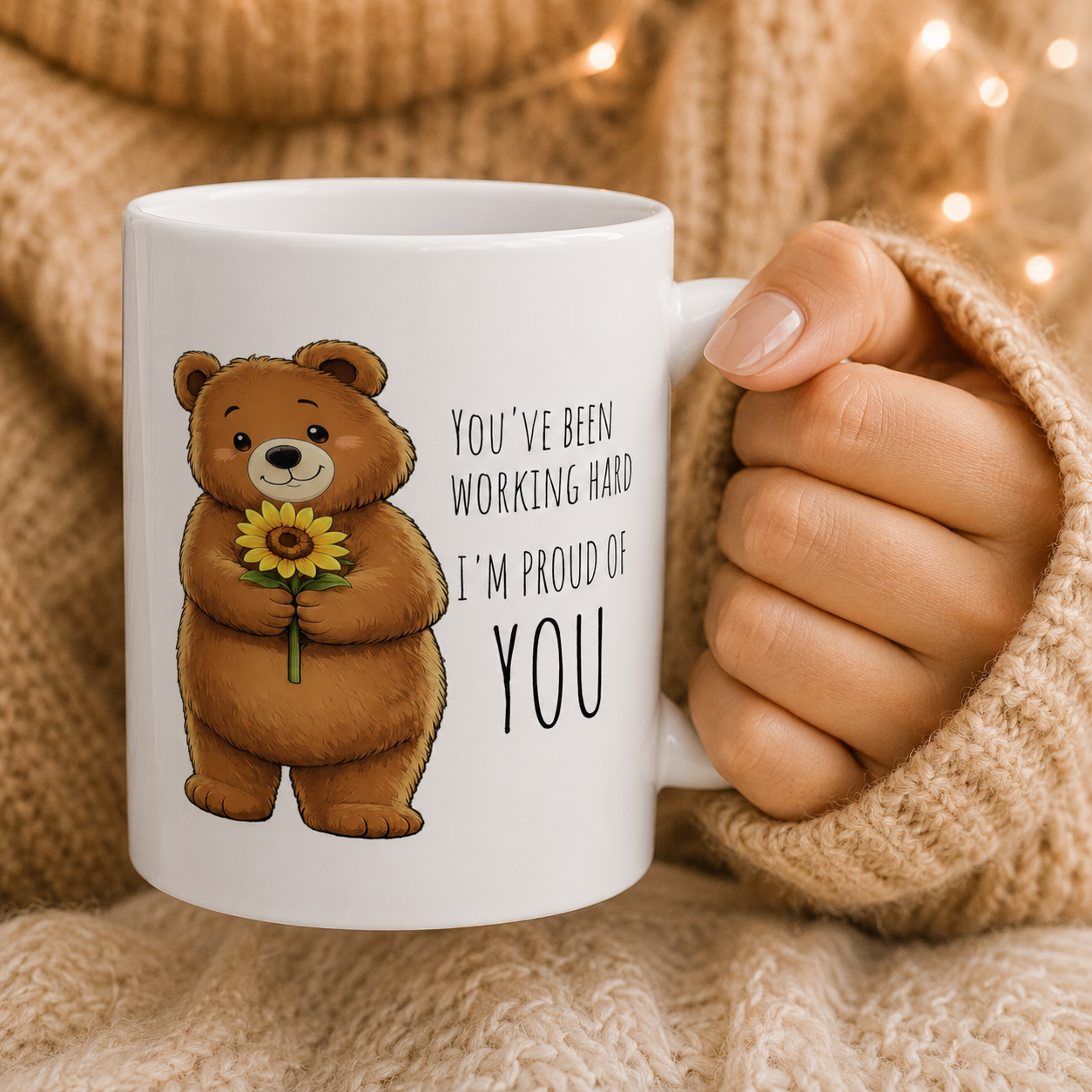 Cute Bear Sunflower Mug | I'm Proud of You Coffee Mug | Encouragement Gift | Positive Affirmation Ceramic Mug 11oz,15oz