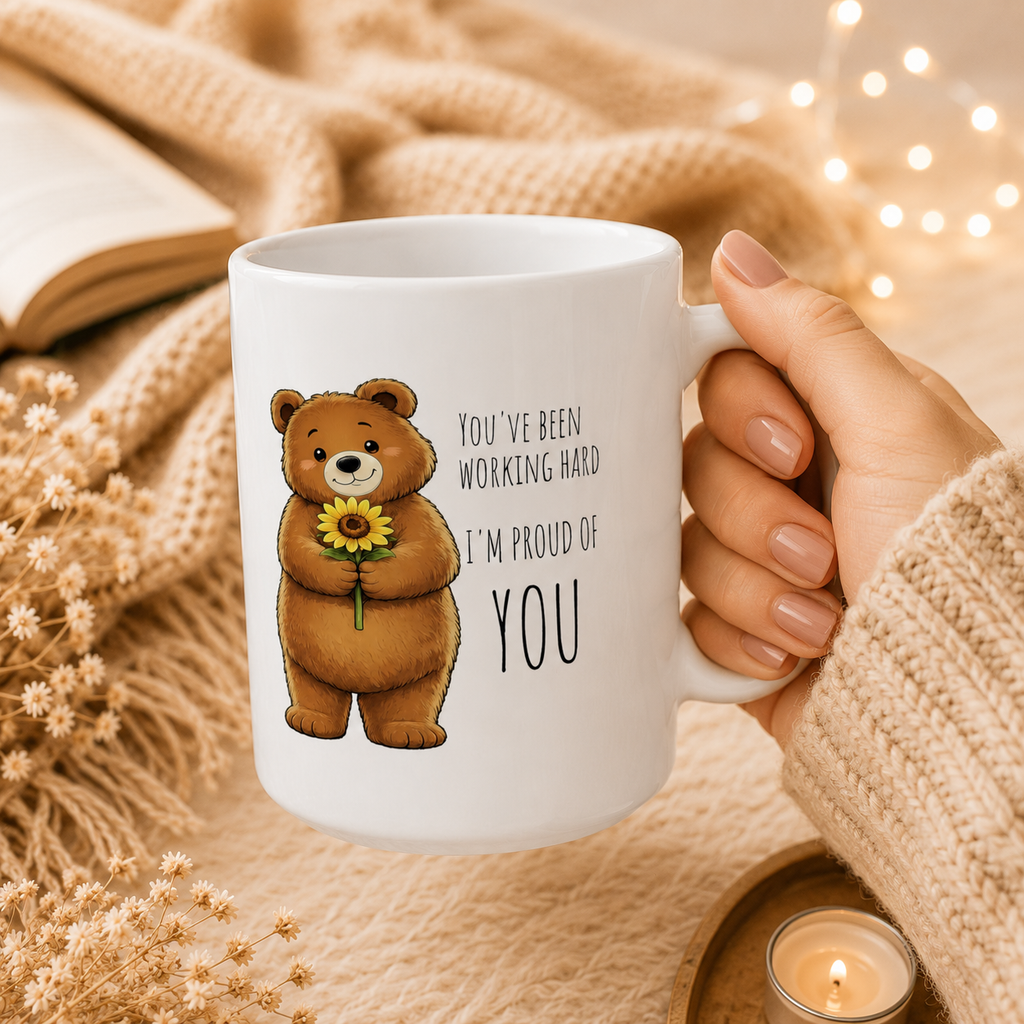 Cute Bear Sunflower Mug | I'm Proud of You Coffee Mug | Encouragement Gift | Positive Affirmation Ceramic Mug 11oz,15oz
