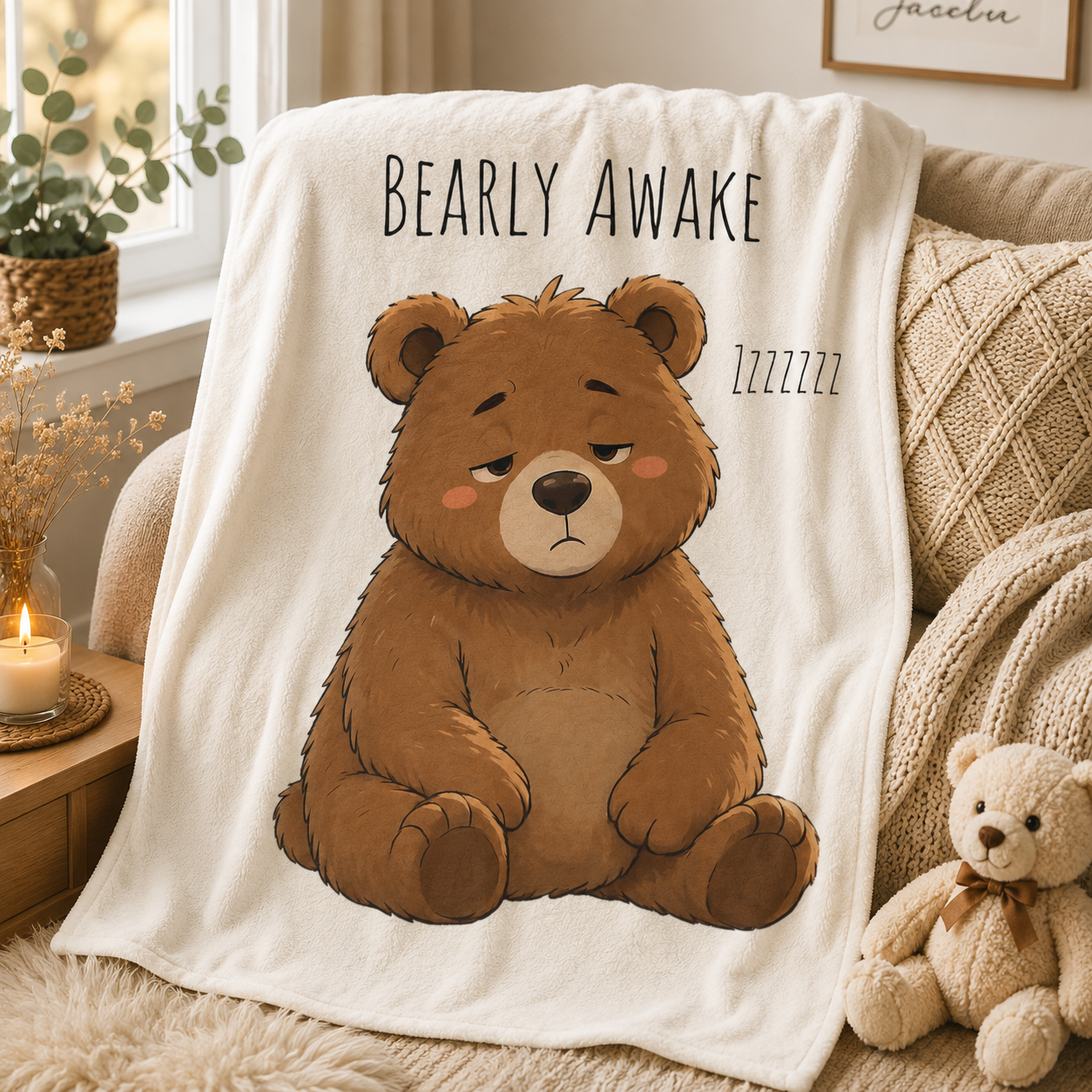 Bearly Awake Cute Bear Velveteen Plush Blanket | Cozy Animal Throw | Gift for Bear Lovers