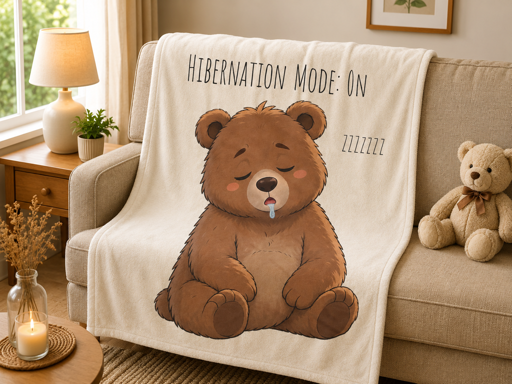Hibernation Mode On Bear Blanket, Cute Bear Throw Blanket, Cozy Velveteen Plush Blanket, Bear Lover Gift, Funny Animal Blanket