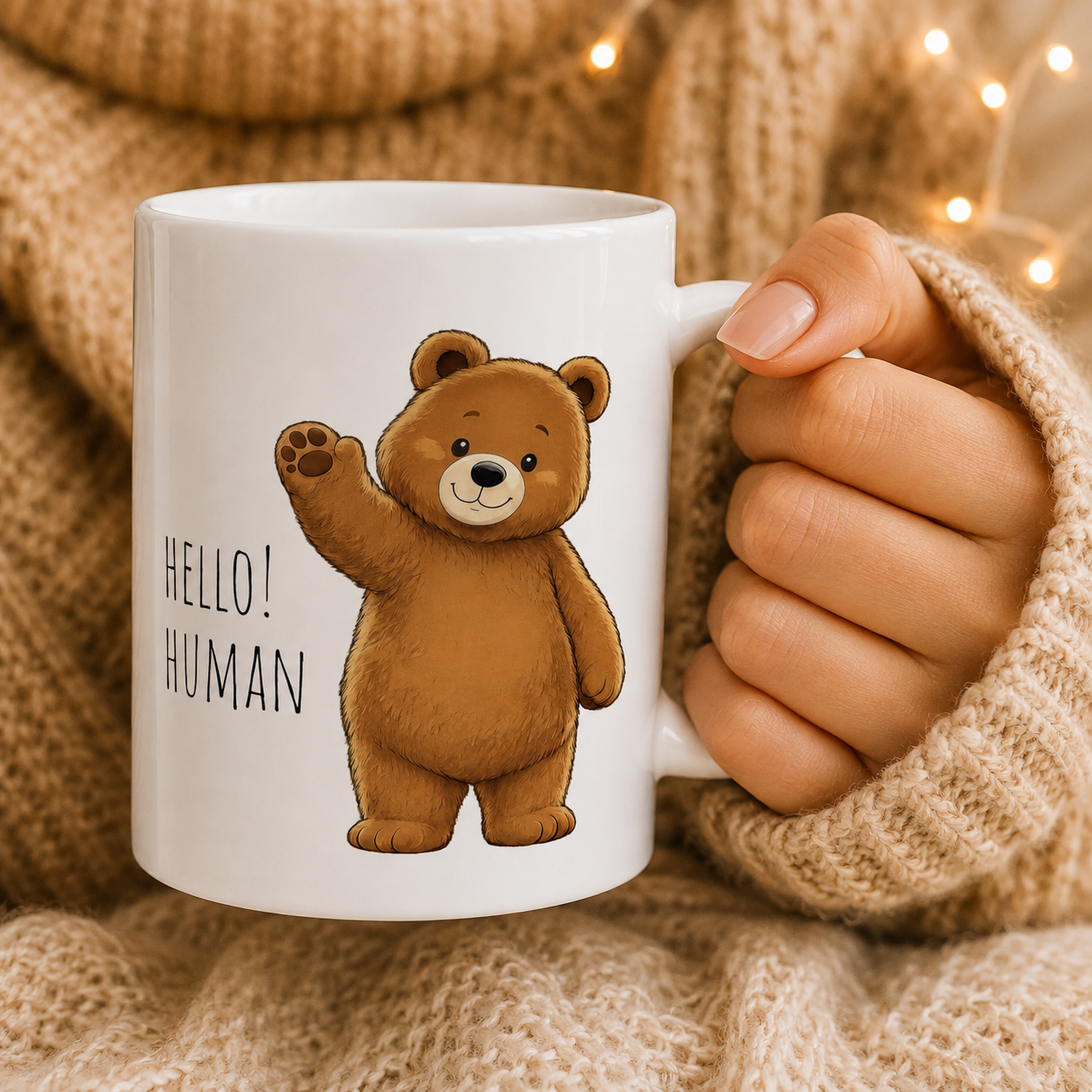 Hello Human Cute Bear Mug | Funny Bear Coffee Mug | Cute Ceramic Mug | Animal Lover Gift | 11oz, 15oz Coffee Cup